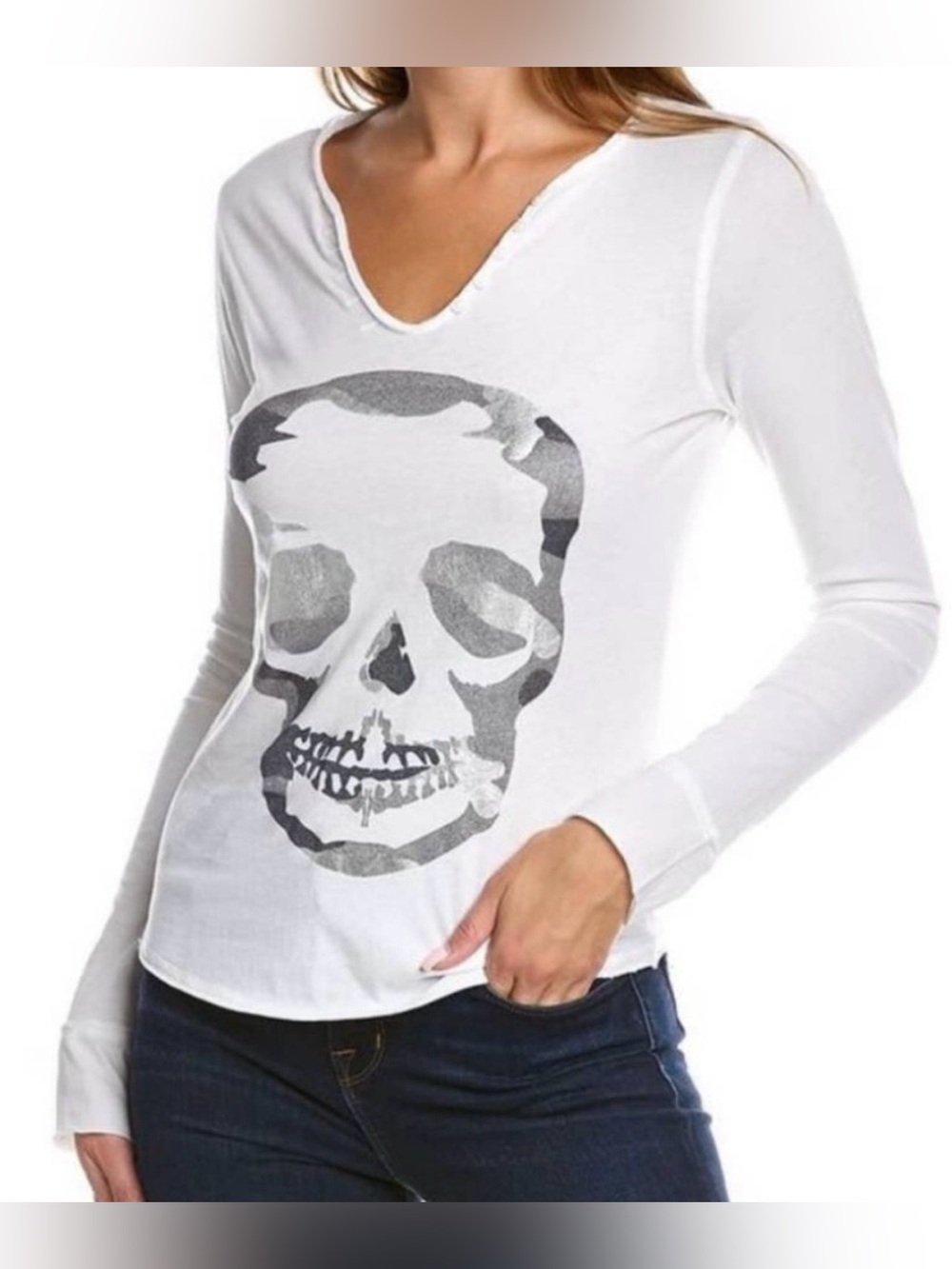 Zadig & Voltaire White Rhinestone Skull Henley Top, Size Medium